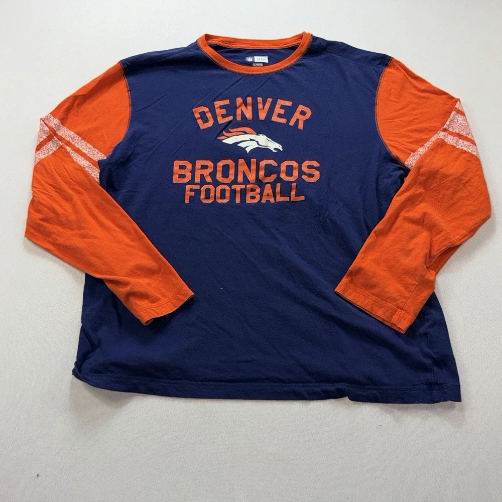 NFL Team Denver Broncos Men Blue ORange Spellout Round Neck Size XL
